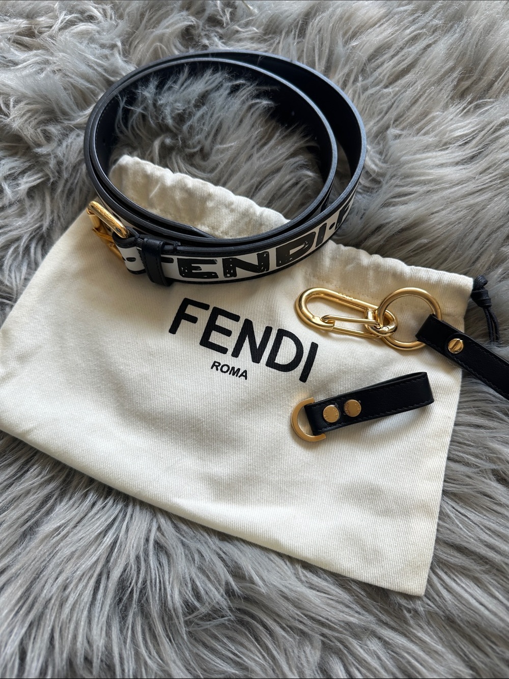 Authentic Fendi Black and White Logo Leather Shoulder Strap with Gold Hardware
